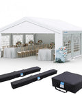 Heavy Duty 20x20 Outdoor Party Tent Gazebo White Event Shelter Wedding Canopy With Removable Sidewalls And Windows Storage Bags For Parties Barbecues Carports And More, shown with decorations and storage bags