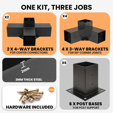 All In One Heavy Duty Pro Grade Pergola Brackets Kit For 4x4 Posts Includes 3 Way Corner 4 Way Center And Post Base Set 2mm Steel Hardware Fits 3.6 By 3.6 Inch Posts Built To Last For Patio Gazebo Backyard Build