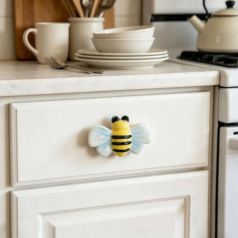 Hella Cute Yellow Honey Bee Ceramic Drawer Knobs And Cabinet Pulls, 6 Pack Set With Screws For Whimsical Nursery Kids Bedroom Furniture Hardware Dreamy Upgrade on white kitchen cabinet.