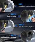 Heavy Duty 4 Pack Tire Valve Stem Caps For Tesla Cybertruck 2024 Through 2026 installation steps showcase removal, cleaning, and alignment.