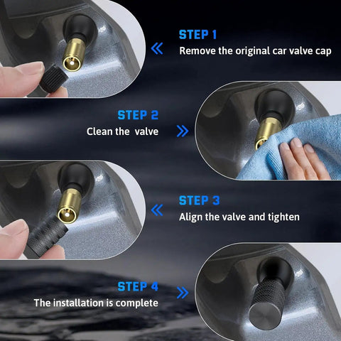 Heavy Duty 4 Pack Tire Valve Stem Caps For Tesla Cybertruck 2024 Through 2026 installation steps showcase removal, cleaning, and alignment.