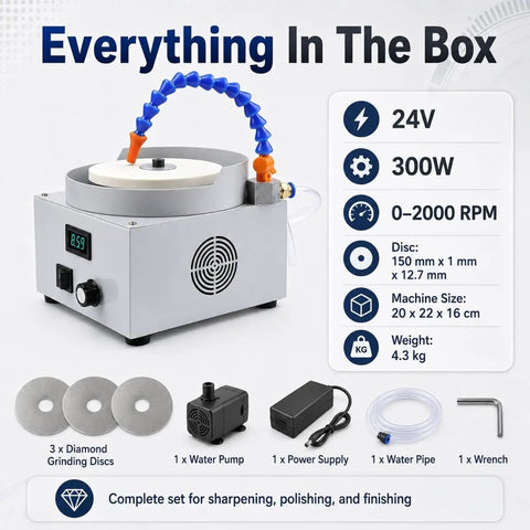 300W Electric Wet Dry Bench Grinder With Adjustable Speed Control, Includes water pump and power supply for precision work.