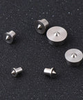 Pro Grade Six Piece Stainless Steel Wood Dowel Center Kit With Pins For Precise Furniture Positioning And Smooth Drilling Alignment And Quick Installation Includes 4mm 5mm 6mm 8mm 10mm And 12mm Dowel Centers, stainless steel dowel centers on black surface