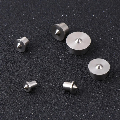 Pro Grade Six Piece Stainless Steel Wood Dowel Center Kit With Pins For Precise Furniture Positioning And Smooth Drilling Alignment And Quick Installation Includes 4mm 5mm 6mm 8mm 10mm And 12mm Dowel Centers, stainless steel dowel centers on black surface