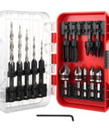 Killer 15 Piece Countersink Drill Bit Set For Woodworking Designed For Flush Screws And Chamfer Cutting Tools Paired With Precision Plug Cutters Inside A Slick Travel Case, showcased in clear plastic and red case.