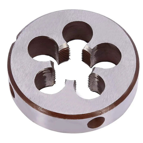 Close-up of silver tone die from Heavy Duty M14x2.0mm HSS Tap And Die Set For Metalworking Right Hand Threading Kit Pro Grade High Speed Steel Tools