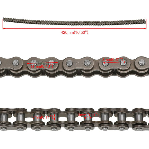 Close-up of 25H Chain 132 Link And MX650 Chain Tensioner Replacement Kit chain showing link dimensions and length in centimeters.