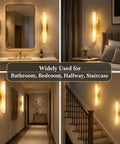 Top Shelf Alabaster Wall Sconces Set of 2, 24 Inch Spanish Marble Lights in bathroom and hallway settings.