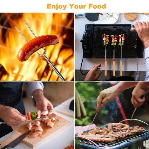 Collage of Long 32 Inch Telescoping Marshmallow Roasting Sticks For Fire Pit Smores Skewers Kit Premium Stainless Steel With Heat Resistant Wood Handle Reusable Campfire Hot Dog Roasting Sticks For Outdoor Camping being used for grilling sausages and preparing skewers.
