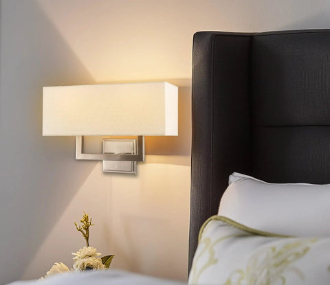 Haven 16 Inch 2 Light Totally Chic Modern Wall Sconce With White Fabric Shade For Bathrooms And Hallways Mid Century Rectangular Silver Wall Light In Brushed Nickel Finish