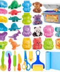 Front view of 22-piece dough play tools set with animal and dinosaur molds, rolling pins, scissors, knife, mat, and box.