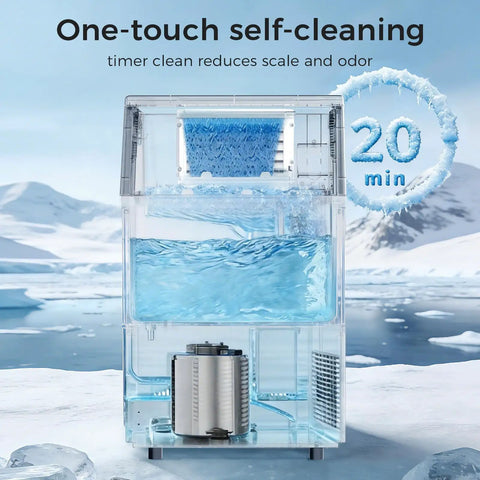 Straight Fire Commercial Ice Maker Cranks Out 100 Pounds Daily With 33 Pounds Storage drops crystal clear cubes in self-cleaning mode.