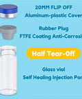 10mL Injection Vials With Self Healing Port And Sealed Cap Clear Glass With Transparent Design For Easy Visual Checks Secure Seal No Fuss Spill Proof For Multi Use Sampling. Clear glass vial with self-healing injection port and sealed cap, shown with cover and stopper.