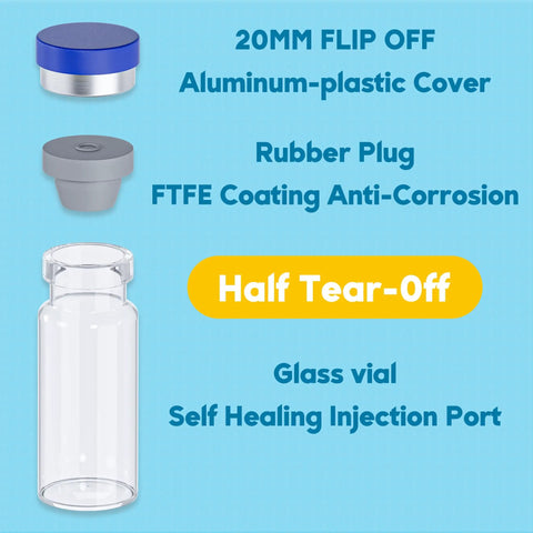 10mL Injection Vials With Self Healing Port And Sealed Cap Clear Glass With Transparent Design For Easy Visual Checks Secure Seal No Fuss Spill Proof For Multi Use Sampling. Clear glass vial with self-healing injection port and sealed cap, shown with cover and stopper.