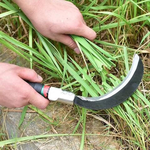 Person using Two Pack Manganese Steel Weeding Sickle Set For Easy Yard Work, Weed Cutting And Harvesting, Durable Grass Cutter close-up