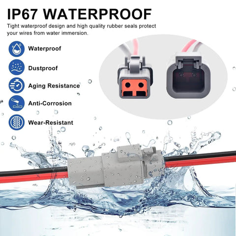 Heavy Duty 2 Pin Deutsch Waterproof Connectors Kit With 12 AWG Cable 5 Pairs 2 Way Wiring Harness IP67 features.