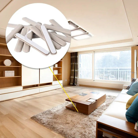 16 Piece Self Stick Furniture Sliders For Carpet Floors Straight Up Heavy Duty Reusable Moving Pads in beige on a living room floor.
