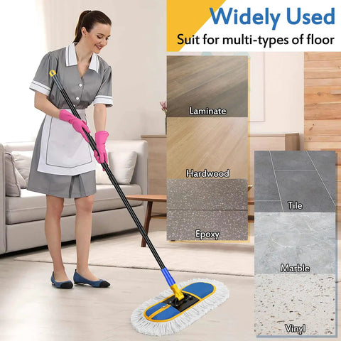 Commercial Dust Mop For Floor Cleaning With 360 Degree Swivel Head Beast Heavy Duty Wet Dry Broom being used on hardwood floor by housekeeper
