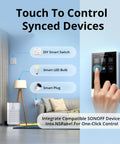 Finger touching NSPanel Smart Wall Switch with touchscreen, controlling synced devices. Supports smart switches, bulbs, plugs.