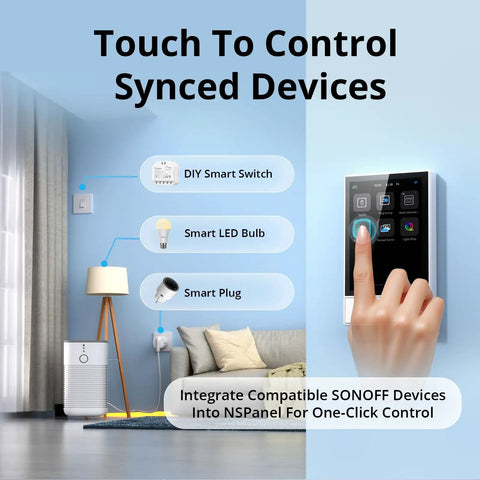 Finger touching NSPanel Smart Wall Switch with touchscreen, controlling synced devices. Supports smart switches, bulbs, plugs.