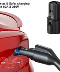 J1772 To Tesla Charger Adapter Is The Real Deal For Model 3 Y X S Delivering Max 80A Fast Charging With Bombproof IP65 Waterproof Rating So Every Plug In Session Runs Smooth As Silk And Gets You Back On Road Stress Free, showing adapter in use.