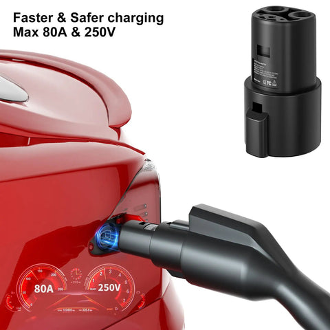 J1772 To Tesla Charger Adapter Is The Real Deal For Model 3 Y X S Delivering Max 80A Fast Charging With Bombproof IP65 Waterproof Rating So Every Plug In Session Runs Smooth As Silk And Gets You Back On Road Stress Free, showing adapter in use.