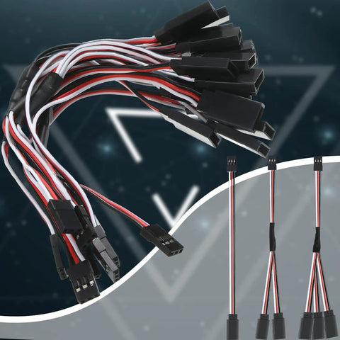 9 Piece Servo Y Connector Kit With 3 Pin Plug Splitters, Male To Female Extension Cords set against a dark geometric background