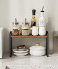 Totally Legit Countertop Shelf Organizer Rack, Rustic Brown Spice Holder, Kitchen Counter Pantry Display Stand, Versatile Bathroom Storage, Sweet Space Savers Clutter King For Tiny Homes with jars and bottles.