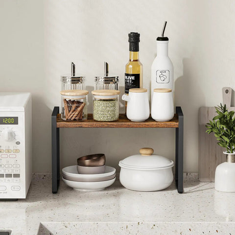 Totally Legit Countertop Shelf Organizer Rack, Rustic Brown Spice Holder, Kitchen Counter Pantry Display Stand, Versatile Bathroom Storage, Sweet Space Savers Clutter King For Tiny Homes with jars and bottles.