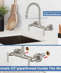 Workhorse Wall Mount Kitchen Faucet With 8 Inch Centers, Double Handles, 360 Degree Swivel Spout, Brushed Nickel, Installed View