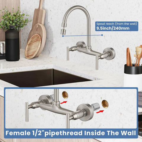 Workhorse Wall Mount Kitchen Faucet With 8 Inch Centers, Double Handles, 360 Degree Swivel Spout, Brushed Nickel, Installed View