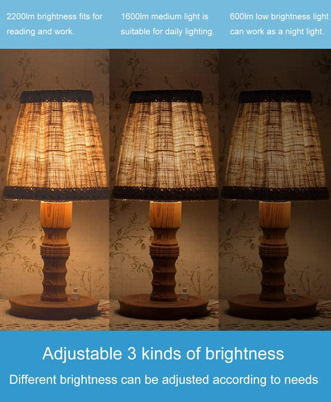 Three Way LED Light Bulbs 50 100 150 Watt Equivalents 3000K soft white in lamp showing 3 brightness levels