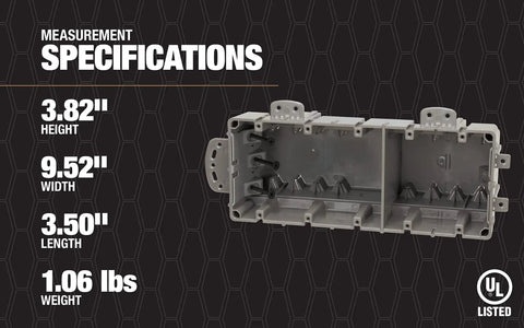 Beefy 5 Gang Multi Mount Device Box With Depth Adjustable For Horizontal And Vertical Installations, Heavy Duty 42lb Gray, Removable Nail Tabs For Metal Stud Mounting, Top Blocks For Secure Vertical Placement, Interior Mounting Blocks, open dimensions view