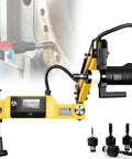 Badass Heavy Duty Electric Tapping Machine Featuring A Slick Flexible 1000Mm Arm Plus Smart Touch Display For No Sweat M3 To M16 Auto Threading On Steel And Stainless Right In Your Workshop in workshop setting with taps.
