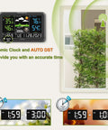 Indoor Outdoor Weather Station With Large Digital Display, Wireless Thermometer, Atomic Clock, Dimmer, USB Port, Humidity Monitor For Home, showing on wall with accurate time display
