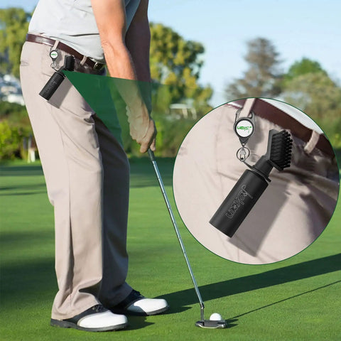 Golfer using 2 Pack Pro Golf Club Cleaner Brush Kit With Squeeze Water Bottle, 7.5 Inch Brush Head, attached to belt on course