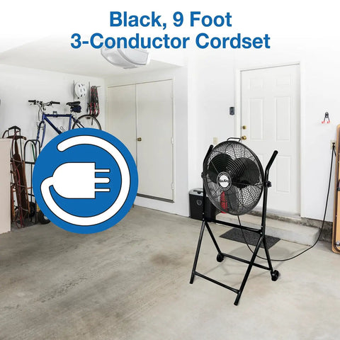 18-Inch Industrial Grade High Velocity Roll-About Fan Stand for Work Sites, Rugged and Portable, black, in garage setting