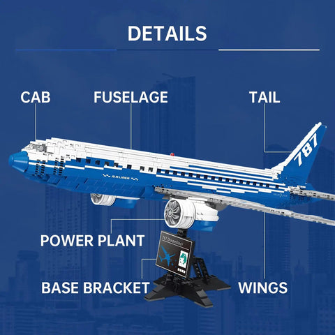 787 Dreamliner Building Block Set With 1353 pieces displayed on stand showing labeled parts like fuselage and wings
