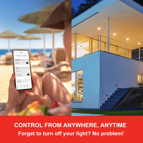 Control home lighting with phone app while relaxing on beach, showcasing Smart Recessed LED Can Lights 5/6 Inch Retrofit Kit Plug And Play 940 Lumen Soft White 2700K Dimmable 11.5W Downlight With Baffle Trim Bluetooth No Hub Needed Works With Alexa 4 Pack.