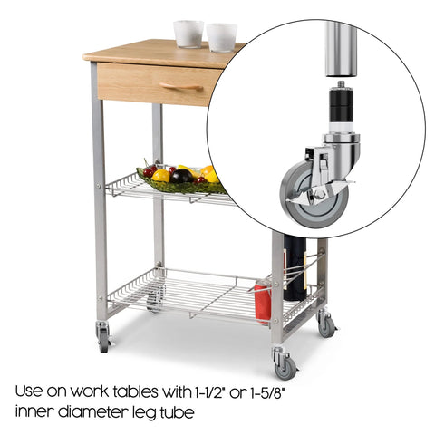 4-Inch Table Casters Set Of 4 With Expanding Stem Stainless Steel Locking Non Marring Rubber Wheels shown installed on kitchen cart