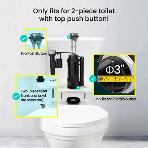 3 Inch Dual Flush Valve With Top Push Button Inside Tank Toilet Repair Kit For 2 Piece Toilets No More Leaks Quick Fix Running Water And Ghost Flush Model A2422M shown installed with measurements and features highlighted.