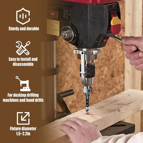 Square Hole Drill Bit And Mortiser Chisel Set For Drill Press with fixture for desktop drills and hand drills.