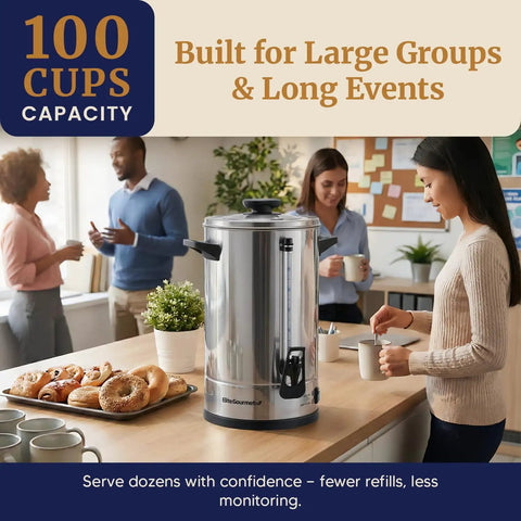 100 Cup Commercial Coffee Urn And Hot Water Boiler With Dual Wall Insulation in office setting, stainless steel finish