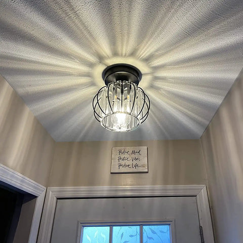 Black Crystal Flush Mount Ceiling Light With Modern Close To Ceiling Design Semi Flush Fixture installed in a hallway