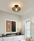 Black Flush Mount Ceiling Light With Dope Metal Cage Design And Industrial Vibe For Hallways Kitchens Porches And Bedrooms Vintage Farmhouse Style casting shadows in a kitchen