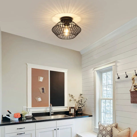 Black Flush Mount Ceiling Light With Dope Metal Cage Design And Industrial Vibe For Hallways Kitchens Porches And Bedrooms Vintage Farmhouse Style casting shadows in a kitchen