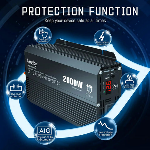 Heavy Duty 2000 Watt Power Inverter with overload, low voltage, and overheat protection features displayed.