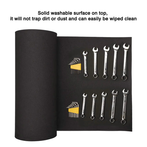 Heavy Duty Tool Box And Drawer Liner Mat 18 Inch Wide By 24 Feet Long Non Slip EVA Cushion Keeps Skid Free displaying tools organized