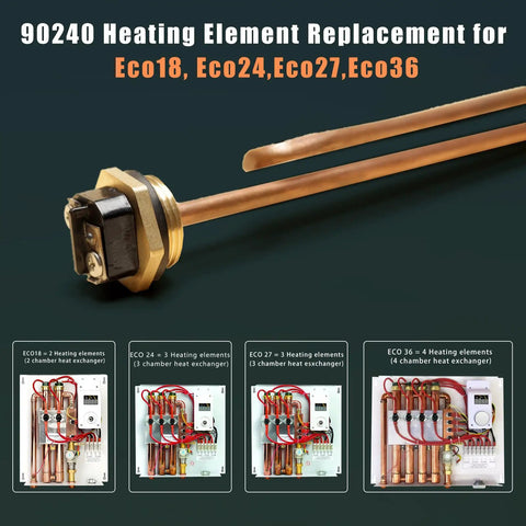 Replacement Copper Heating Element For EcoSmart ECO 18 27 36 Tankless Water Heaters 9KW 240V Screw In Element DIY Easy Install Durable Copper 2 Pack Built For Long Lasting Hot Water with installation diagrams.