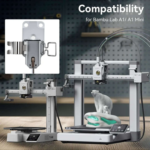 Ceramic Zirconia Hotend Upgrade Kit For 3D Printers Like A1 And A1 Mini, showing installed kit and compatibility illustration.